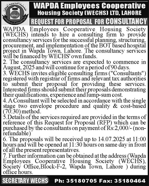 WAPDA Employees Cooperative Housing Society Ltd Lahore Tender Notice
